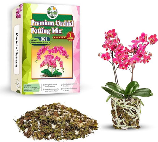 [Upgraded] DUSPRO Orchid Potting Mix for Repotting with Forest Moss, Pine Bark, Perlite & Pumice, Orchid Bark Potting Mix, Orchid Repotting Soil, Drainage Indoor Potting, Orchid Pot Not Included,1 QRT