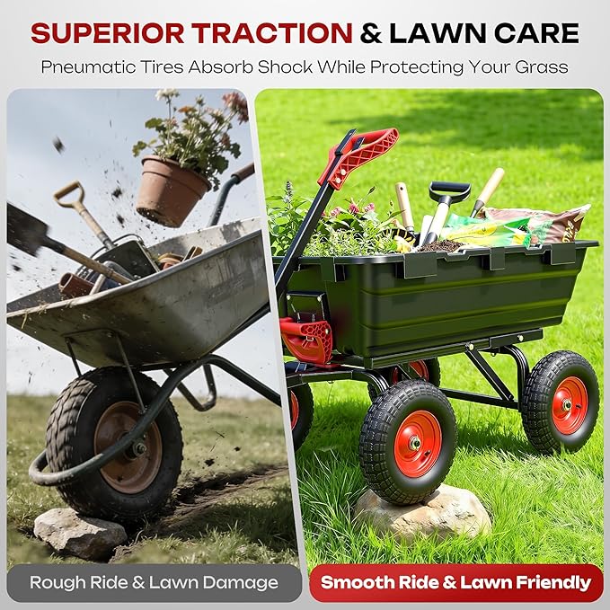Autodaya 1200lbs Garden Dump Cart,7 Cu.Ft Utility Wagon Cart with Hitch,Heavy Duty Yard Dump Wagon Wheelbarrows with 13" All Terrain Wheels & 2-in-1 Handle,Tow Behind for Lawn Mower Tractor ATV