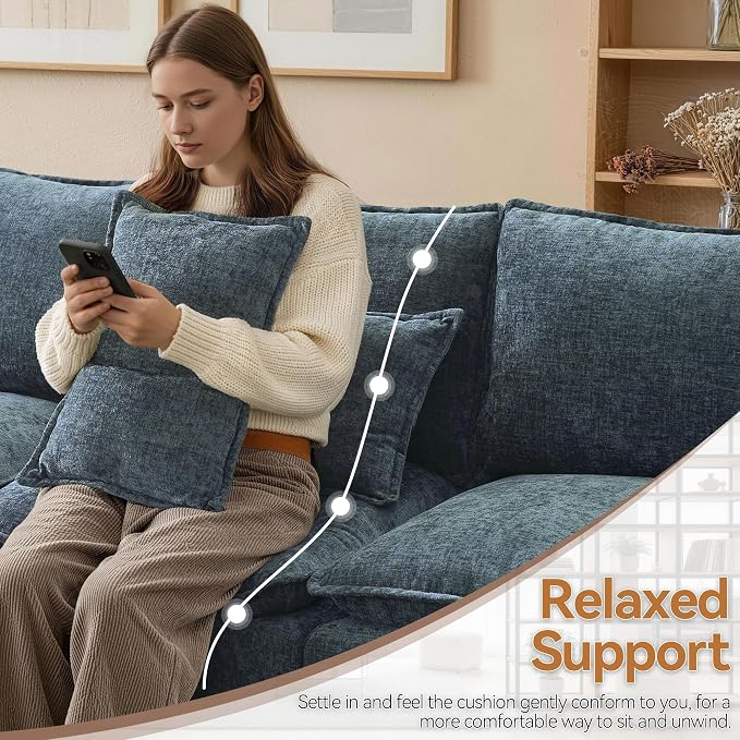 80" U Shaped Storage Modular Sectional Couch with 2 Ottomans, Deep Seat Cloud Sofa with Moveable Ottomans, Comfy Chenille Storage Couch, Modern Sofa for Living Room, Blue