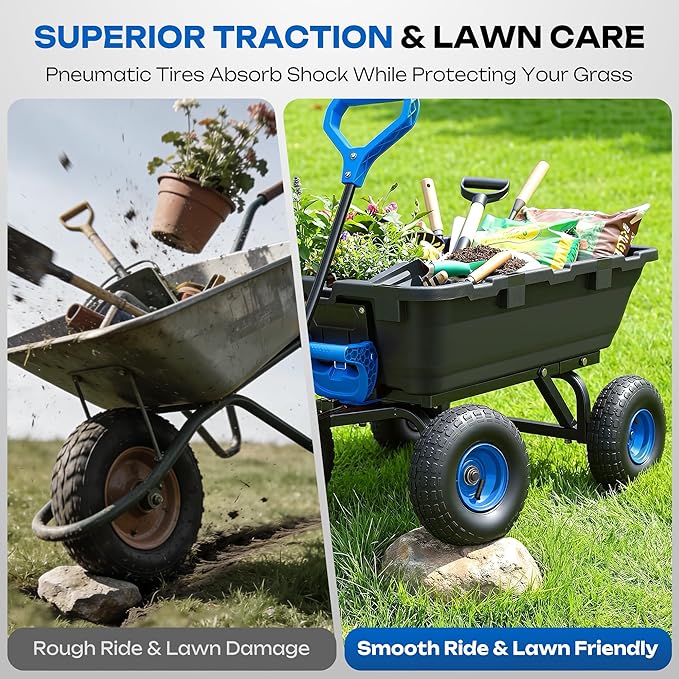 Autodaya 900LB Garden Dump Cart, 2026 Upgraded Heavy Duty Wheelbarrow Cart with 10" Non-Slip Pneumatic Tires & Quick-Release System, 4-Wheel Steel Frame Wagon for Transportation in Yard, Farm, Garden
