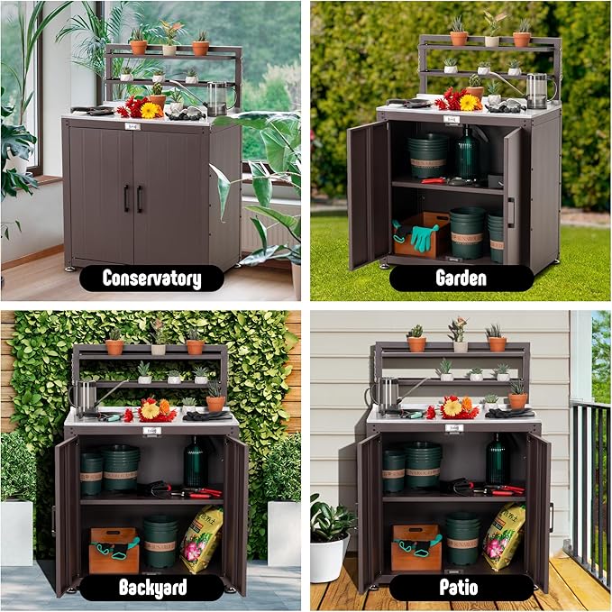 Feasto Garden Potting Bench with Storage Cabinet,Outdoor Gardening Table & Work Bench for Plants, Horticulture,Outdoor Workstation with Stainless Steel Tabletop,Outdoor Work Table with Elevated Rack