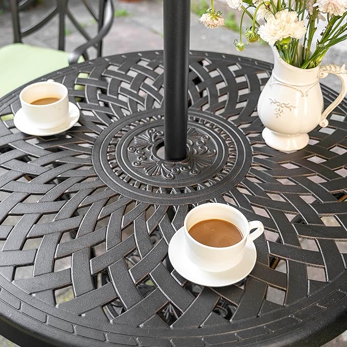 NUU GARDEN 31" Round Patio Bistro Table, Cast Aluminum Round Outdoor Bistro Table with Umbrella Hole for Poolside, Deck, Porch, Backyard, Balcony, Black with Gold-Painted Edge