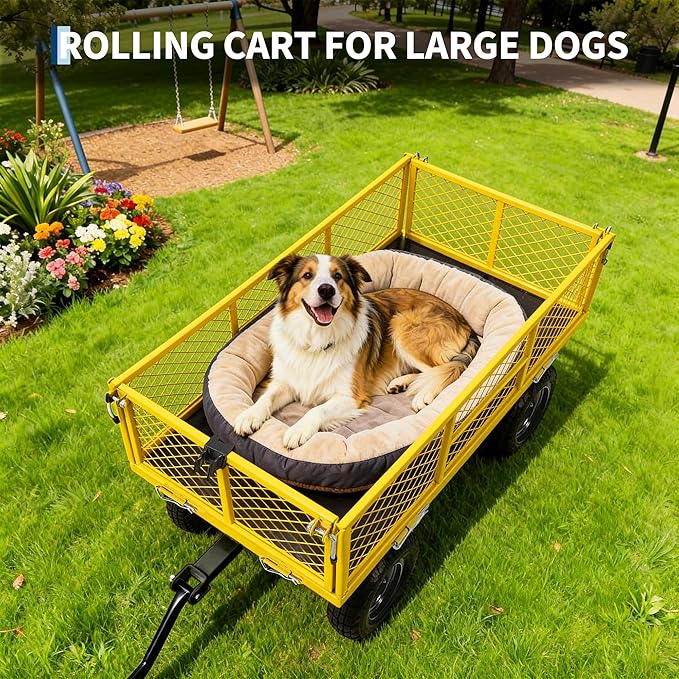 900 Lbs Heavy Duty Steel Garden Cart, Garden Wagon Cart on Wheels, Outdoor Metal Yard Utility Wagon Carts with and Mesh Removable Sides and 180°Rotating Handle,Yellow