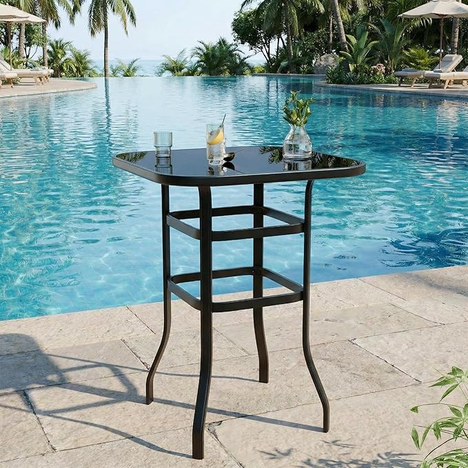 GarveeHome Outdoor Patio Bar Table, 31.5 Inch Tempered Glass Bistro High Top Table with All Weather Metal Frame for Deck, Porch, Poolside, Garden