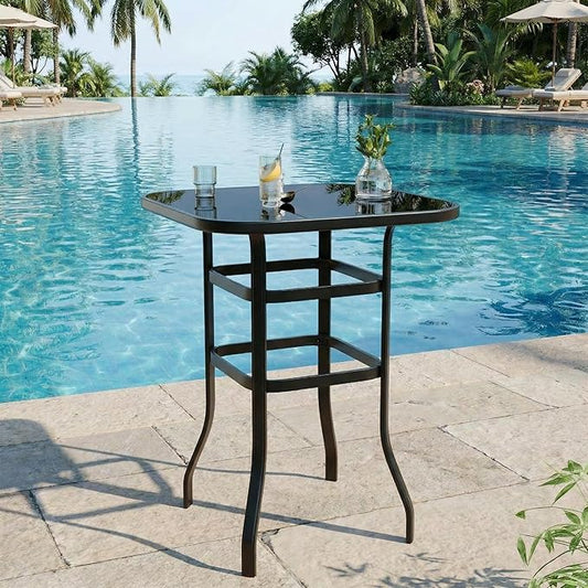 GarveeHome Outdoor Patio Bar Table, 31.5 Inch Tempered Glass Bistro High Top Table with All Weather Metal Frame for Deck, Porch, Poolside, Garden