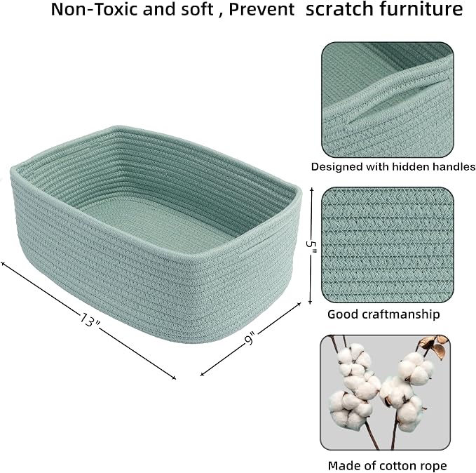 XUANGUO Small Woven Storage Baskets for Shelves, 13" x 9" x 5", Green