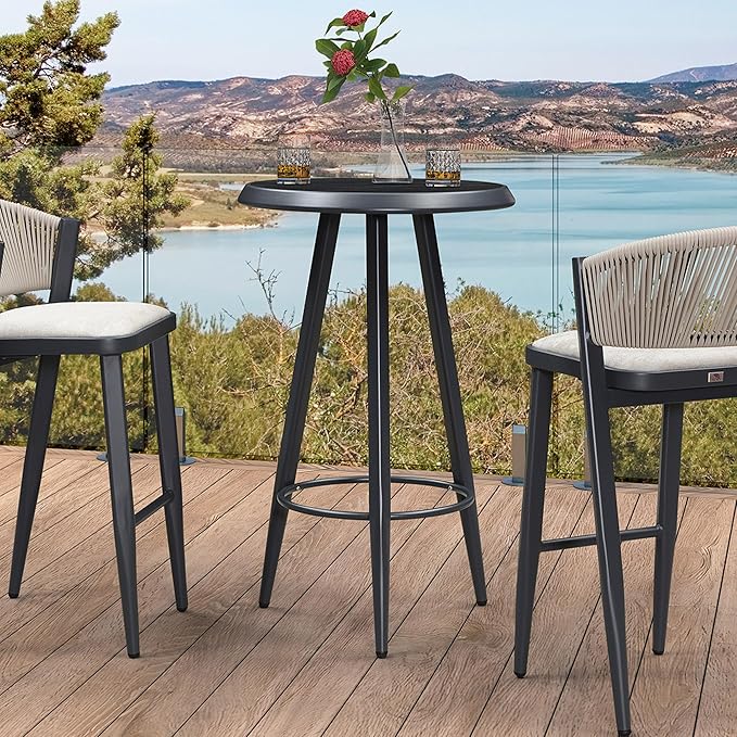 PURPLE LEAF Outdoor Round Table Patio Bar Height Table Pub Dining Table with Weather Resistant Top for Balcony Dark Grey