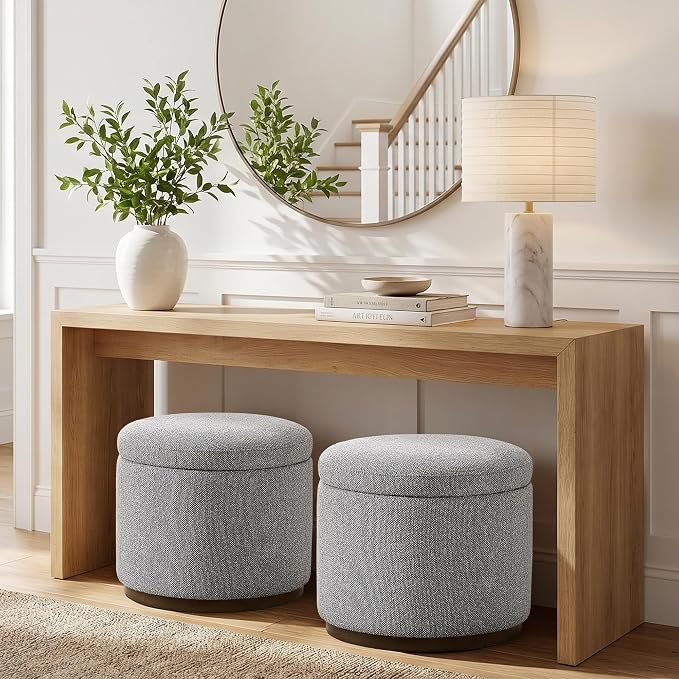 Round Storage Ottoman, 20" Boucle Ottoman Foot Rest Stool(Light Grey)