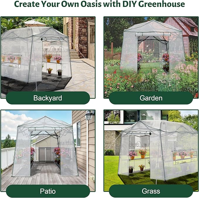 8.5 x 7 ft Pop-up Greenhouse, Walk-in Green House for Indoor Outdoor, Plant Garden Green House with Zippered Doors, Screen Windows, Heavy Duty Frame and Weather-Resistant Durable PE Cover