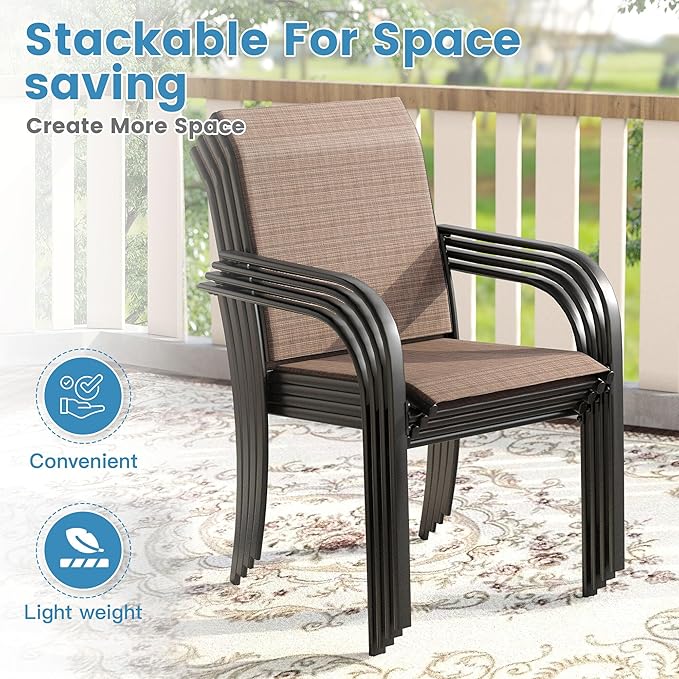 DIFY Patio Chairs Set of 2, Stackable Textilene Outdoor Dining Chairs with Metal Frame, All Weather Outdoor Chairs Set for Backyard Garden Deck Poolside, Brown