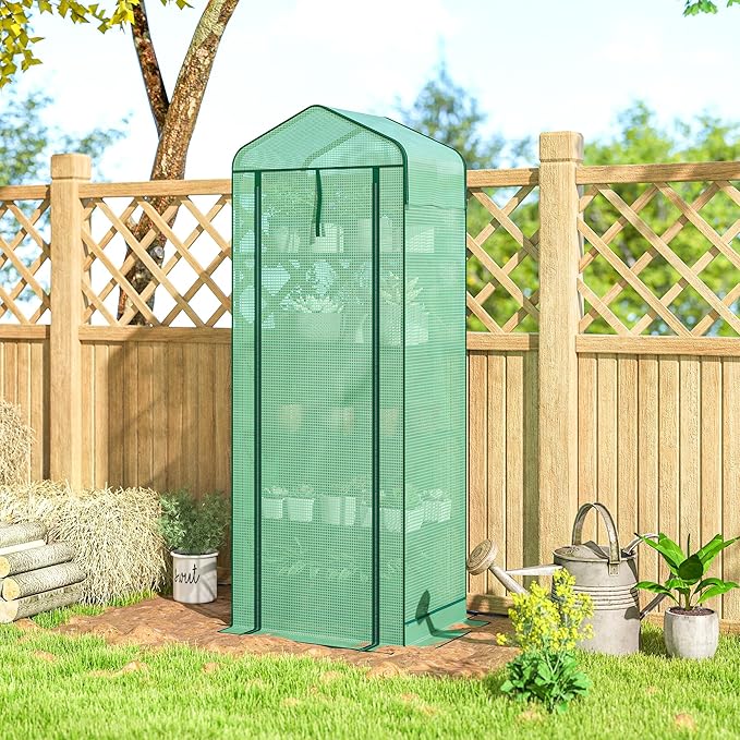 Outsunny 5 Tier Mini Greenhouse with Screen Roof, 27.6" x 19.7" x 75.6", Portable Small Greenhouse with High Strength PE Cover, Roll-Up Zipper Door for Garden Yard Backyard, Green