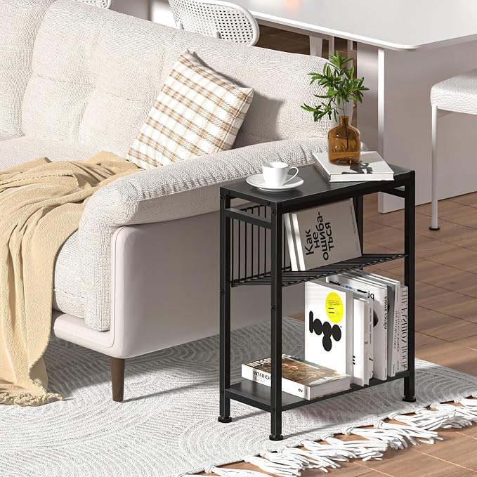 Side Table for Small Spaces, Narrow End Table with Adjustable V-Shaped Magazine Rack, 7.1"D x 17"W x 21.7"H, Black