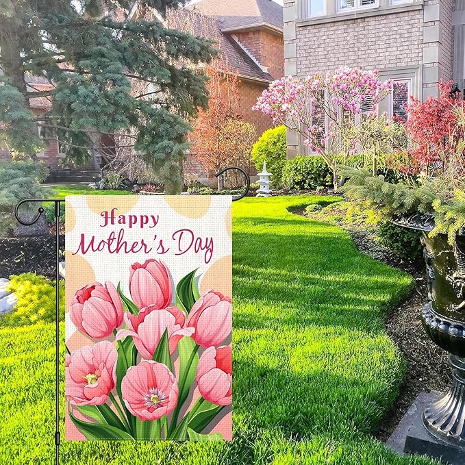 Doncida Happy Mother’s Day Garden Flag 12x18 Inch Burlap Double Sided Pink Tulip Floral Yard Flag Farmhouse Holiday Outside Decorations