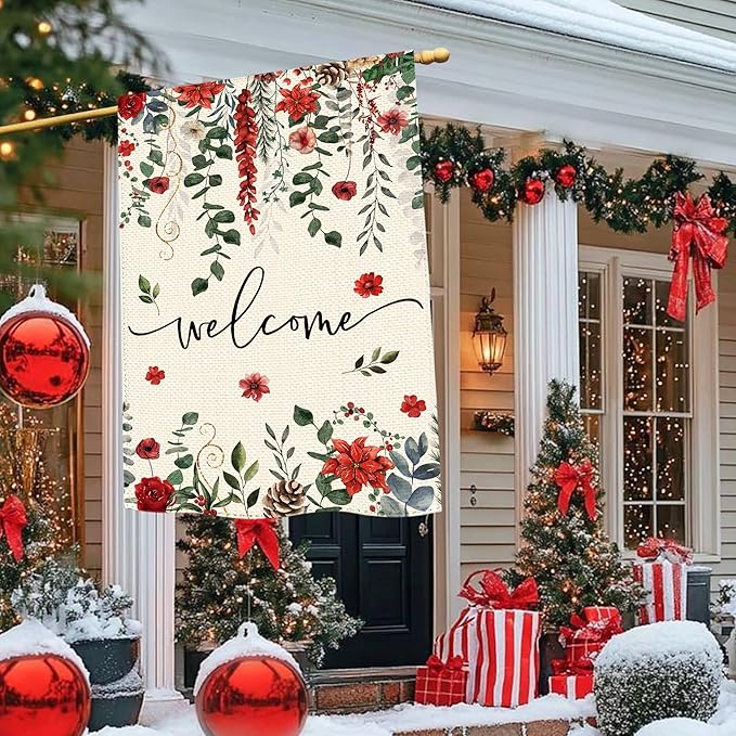 Winter Red Poinsettia Welcome Garden Flag 28x40 Inch Double Sided, Xmas Berry Burlap Large Yard Flag Winter Floral Farmhouse Flags Seasonal Patio Outdoor Outside Decoration