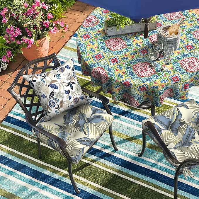 DYTXIII Set of 2 Outdoor Chair Cushions 19"x19"x4", Water Repellent Tufted Patio Seat Cushions with Ties, Thick Replacement Pads for Wicker Dining Chairs, Patio Furniture, Lush Palm Blue