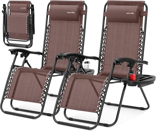 SereneLife Zero Gravity Lounge Chairs Set of 2, Adjustable Outdoor Recliners with Lockable Positions, Side Table Cup Holders, Padded Headrest Pillows, Foldable Steel Frame Patio Chairs (Brown)