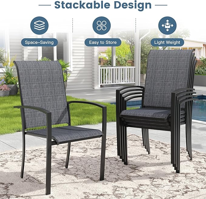 DIFY Patio Chairs Set of 2, Stackable Outdoor Dining Chairs with High Back & Metal Frame, All Weather Breathable Textilene Fabric Outdoor Chairs Set for Backyard Garden Deck, Dark Grey