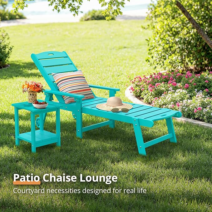LUE BONA Outdoor Chaise Lounge Chairs Set of 2, HDPS Chaise Lounger, 5 Positions Adjustable Lounge Chairs, Pool Lounge Chair with Wheels for Poolside, Aruba Blue