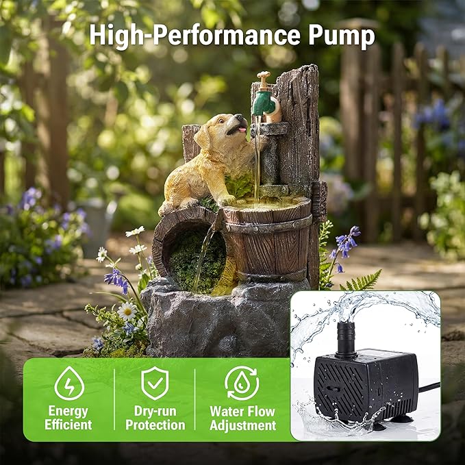 20-Inch Outdoor Water Fountain, 3-Tier Rustic Barrel Puppy and Pump Resin Waterfall Fountain with 2 LED Lights, Water Feature for Farmhouse, Garden, Patio, Backyard, Deck, Lawn in Brown