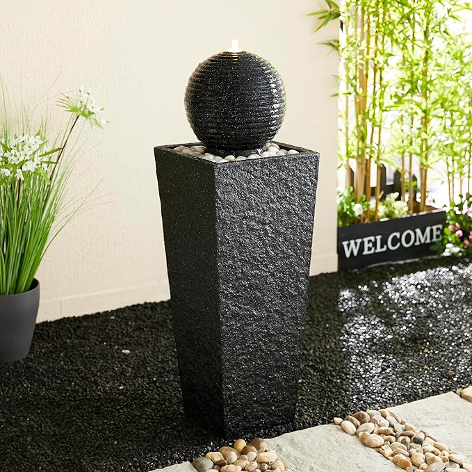 Glitzhome Outdoor Water Fountain, 40.25"H Modern Geometric Pedestal and Sphere Polyresin Waterfall Fountain, Outdoor Fountain with Pebbles, Pump and LED Light for Patio, Backyard, Garden, Deck(Black)
