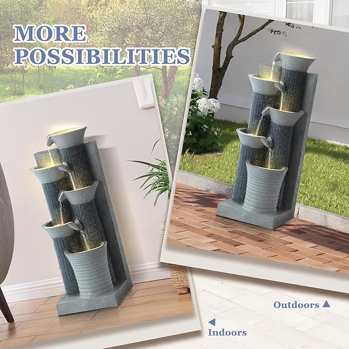 Grepatio Outdoor 5-Tiers Cascading Water Fountain, Garden Waterfalls Fountain with LED Lights, 24" H Modern Indoor Floor Standing Water Fountains with Pump for Patio, Yard, Deck Decor (Greyish Black)