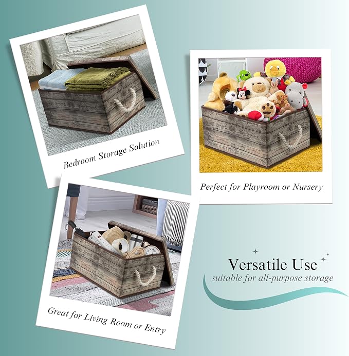 Sorbus Decorative Storage Boxes with Lids, Foldable Organizer (Brown) | Rustic wood-grain-print bins with carry handles and frame for toys, memorabilia, closets, offices and bedrooms; two-pack.