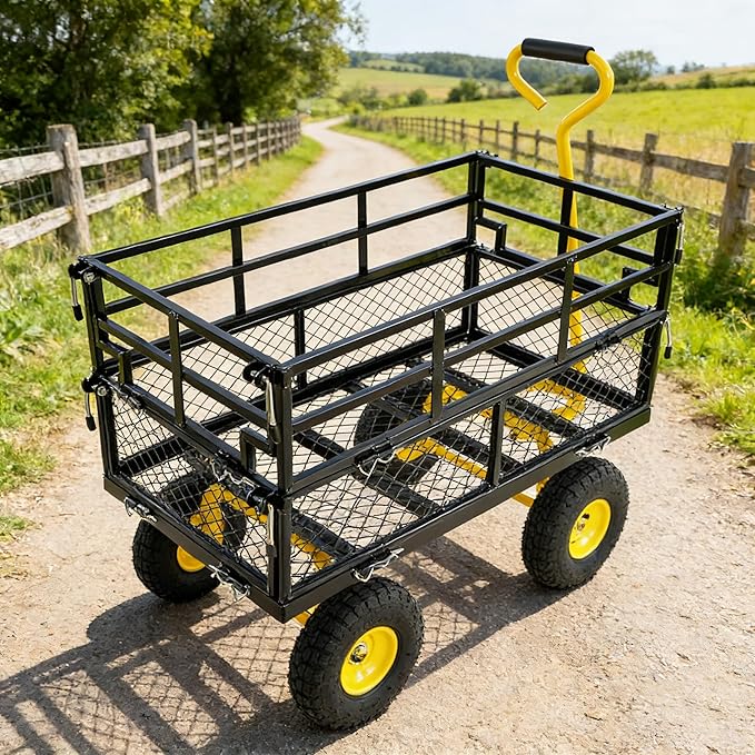 Steel Garden Cart 600 lbs Capacity Heavy Duty Garden Wagons,with Removable Steel Mesh Sides to Convert into Flatbed,Utility Metal Wagon w/ 180°Rotating Handle (Yellow-Pneumatic-Double Height)
