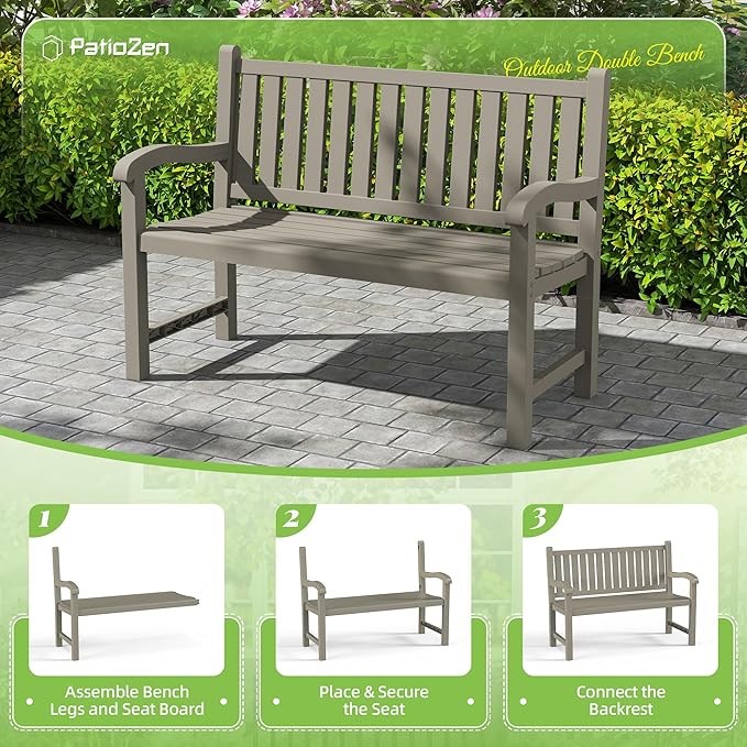 PatioZen Outdoor Bench, Waterproof & Weatherproof Garden Bench with Ergonomic Design, 2-Person Resin Bench for Porch, Deck, Patio, Outdoor, Garden & Park(Grey)