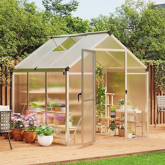 Garvee 6 x 6 ft Greenhouse, Greenhouses for Outside, Polycarbonate Greenhouse with Aluminum Frame, Lockable Door and Ajustable Roof Vent for Backyard, Green Houses for Outside Garden Backyard, Patio