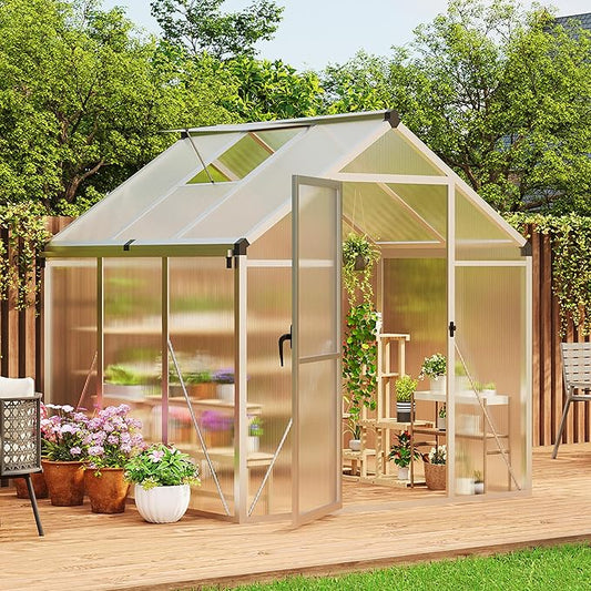 Garvee 6 x 6 ft Greenhouse, Greenhouses for Outside, Polycarbonate Greenhouse with Aluminum Frame, Lockable Door and Ajustable Roof Vent for Backyard, Green Houses for Outside Garden Backyard, Patio