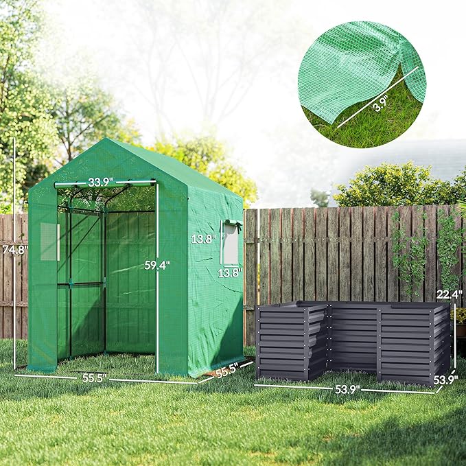 Outsunny Greenhouse with Raised Garden Bed, 56" x 56" x 75" Galvanized Steel Planter Box with PE Cover, Roll Up Door and Windows, Outdoor Greenhouse for Flowers Vegetables, Dark Gray