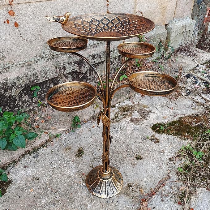 HOUYANG 33.5 "H Metal Bird Bath for Outside with 4-Bird Feeder & Cast Iron Base, BirdBaths for Outdoors,Garden Patio Decor for Yard