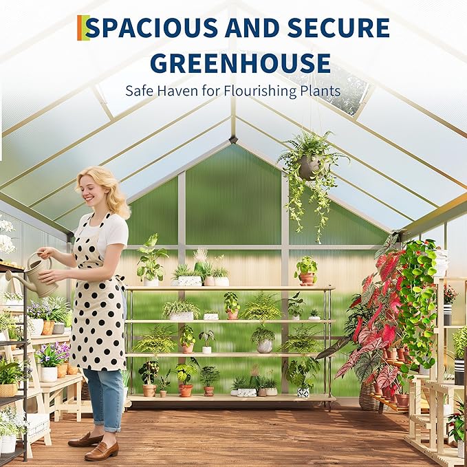 Garvee 6 x 10 ft Greenhouse, Greenhouses for Outside, Polycarbonate Greenhouse with Aluminum Frame, Lockable Door and Ajustable Roof Vent for Backyard, Green Houses for Outside Garden Backyard, Patio