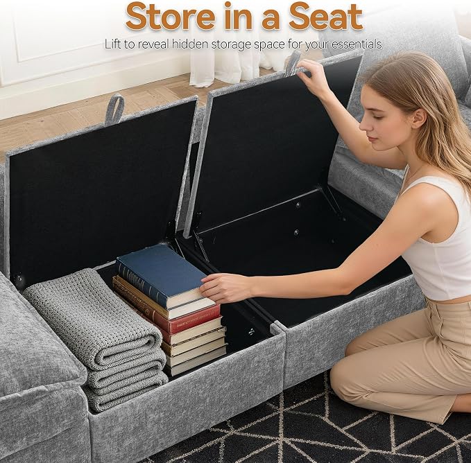 80" Modular L Shaped Storage Sofa with Ottoman, Cloud Sectional Sofa with Hidden Storage, Modern Chenille Couch with Ottoman for Living Room, Light Grey
