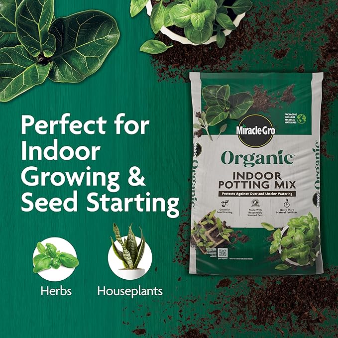 Miracle-Gro Organic Indoor Potting Mix - Protects Against Over and Under Watering, Planting Soil for Indoor Container Plants, Houseplants and Starter Plants, OMRI Listed, 8 qt. (2-Pack)