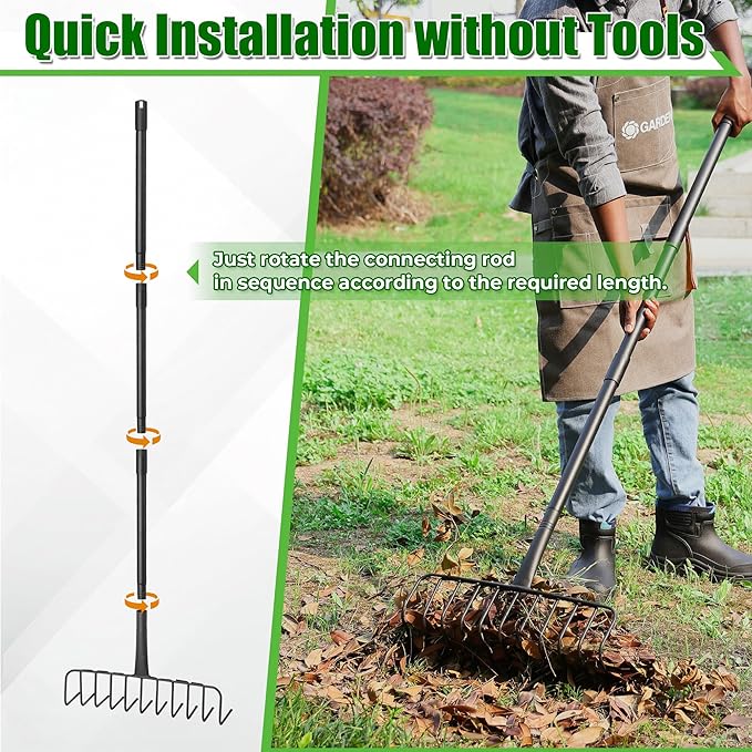 Bow Rake for Leaves, Heavy Duty Garden Rake with 11 Stainless Steel Tines Long Handle 68" Garden Tool for Loosening Soil, Cleaning the Leaves, Removing Thatch, Laying Sod