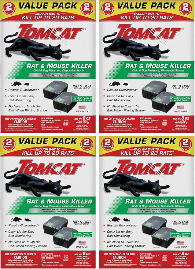 Tomcat Rat and Mouse Killer Disposable Stations for Indoor/Outdoor Use: Child and Dog Resistant,Pre-Filled,Easy Monitoring,2 Count (Pack of 4)
