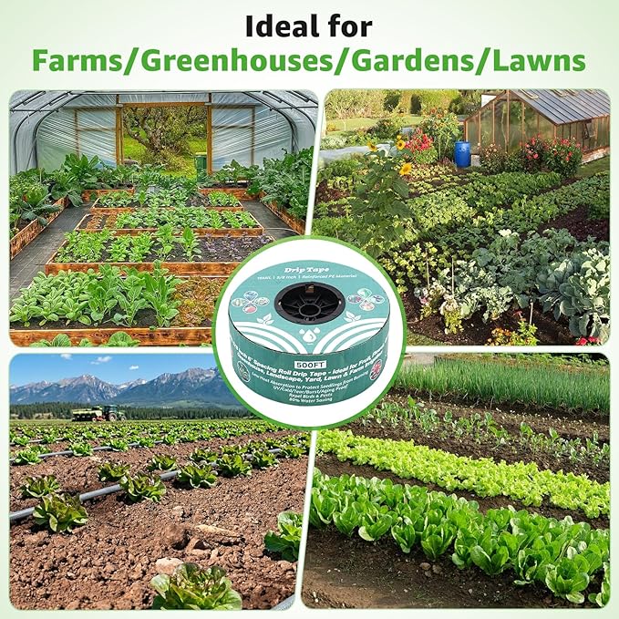 500FT 5/8" Drip Tape Irrigation, 16 Mil Heavy Duty with 6" Emitter Spacing, Silver Reflective Drip Tape Resistant to Pecking & Biting, Heat-Safe for Seedlings, Ideal for Garden Farm Greenhouse Patio