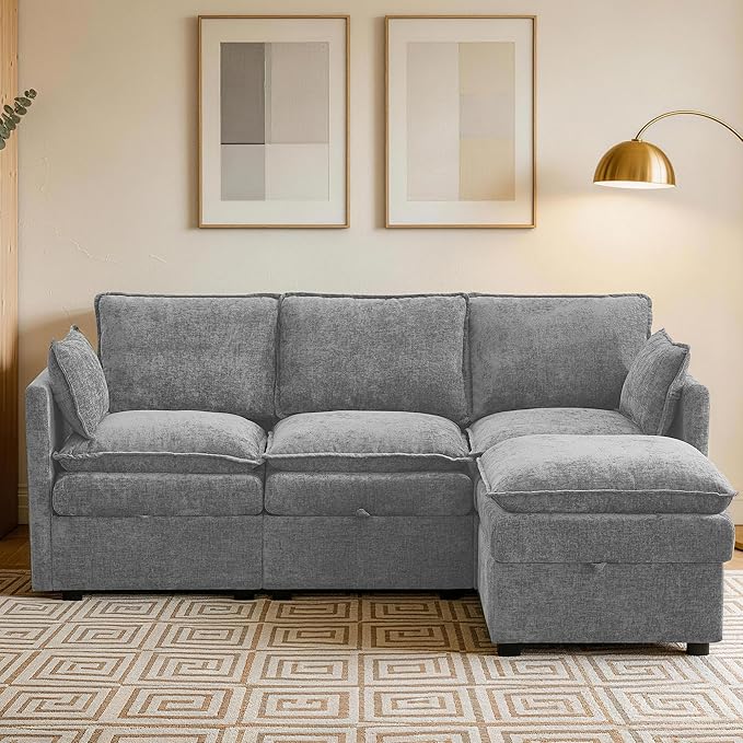 80" Modular L Shaped Storage Sofa with Ottoman, Cloud Sectional Sofa with Hidden Storage, Modern Chenille Couch with Ottoman for Living Room, Light Grey
