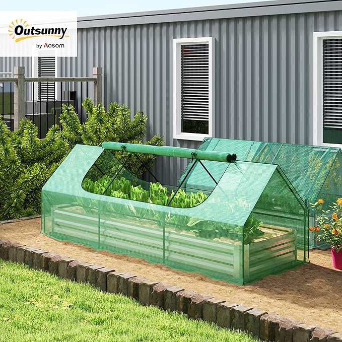 Outsunny 8.6 x 3 x 1ft Raised Garden Bed with Mini Greenhouse, Galvanized Raised Garden Bed with Cover for Herbs and Vegetables, Small Greenhouse for Patio Garden Balcony, Green and Silver