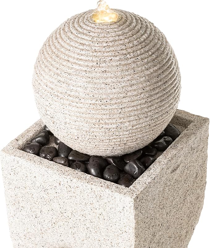 Glitzhome Outdoor Water Fountain, Outdoor Fountain with Pebbles, Pump and LED Light, 36.5" H Polyresin Modern Geometric Pedestal and Sphere Waterfall Fountain Water Feature for Garden, Patio, Yard