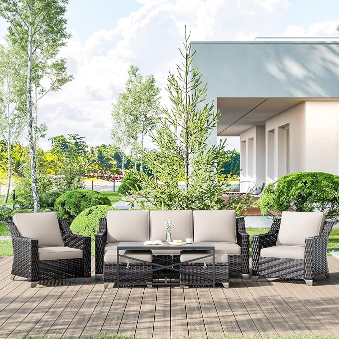 6 Pieces Wicker Patio Furniture, Luxury Outdoor Conversation Sets with 2 Patio Rattan Chair, 3-Seater Sofa, 2 Patio Ottoman and 1 Coffee Table, Wide Armrest, Thickened Cushions