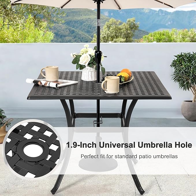 NUU GARDEN 35 Inch Square Cast Aluminum Outdoor Dining Table for 4 with Umbrella Hole and Mesh Top, Patio Table for Garden Backyard Poolside, Black with Gold Speckles