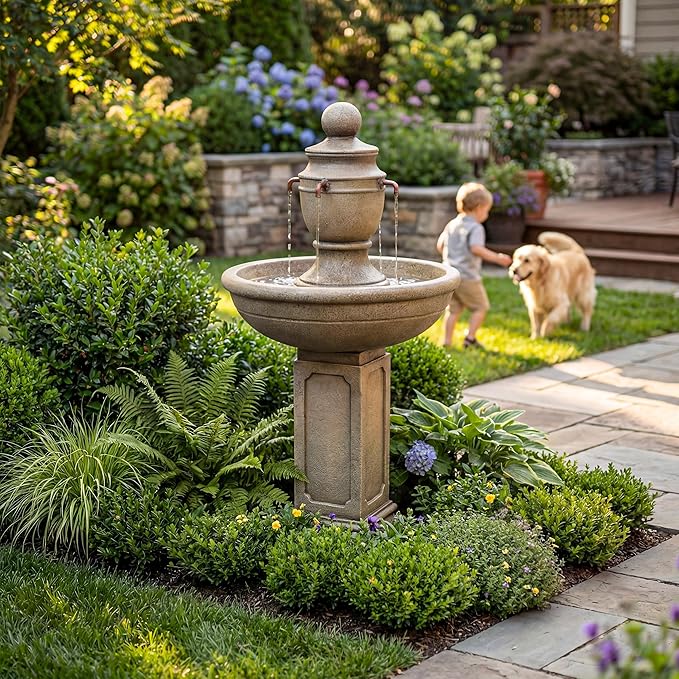 35-Inch Outdoor Water Fountain, 2-Tier Modern Italian Floor Standing Resin Waterfall Fountain with Warm Light, Home Art Decor for Garden, Patio, Yard, Porch, Deck, Lawn or Balcony in Brown