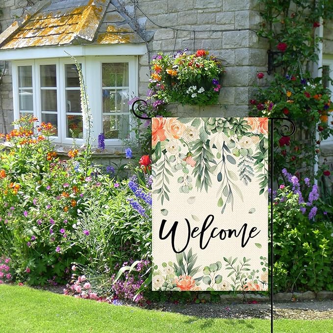 Spring Eucalyptus Flowers Garden Flag 12 x 18 Inch Double Sided Floral Seasonal Welcome Burlap Yard Outdoor Flag