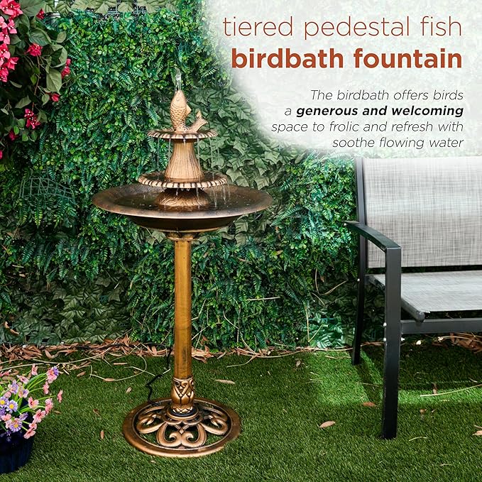 Alpine Corporation 40" Tiered Pedestal Fish Fountain Birdbath, Cascading Outdoor Water Feature for Garden, and Backyard Décor, Gold