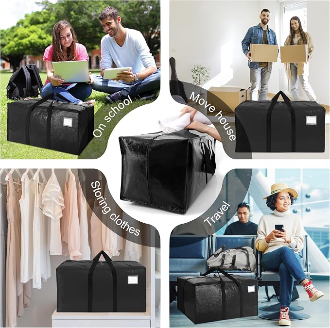 VELVETSURE 12 Pack Heavy Duty Extra Large Moving Bags W/Backpack Straps - Strong Handles & Zippers, Storage Totes For Space Saving, Fold Flat, Alternative to Moving Box and Storage Bin, Black