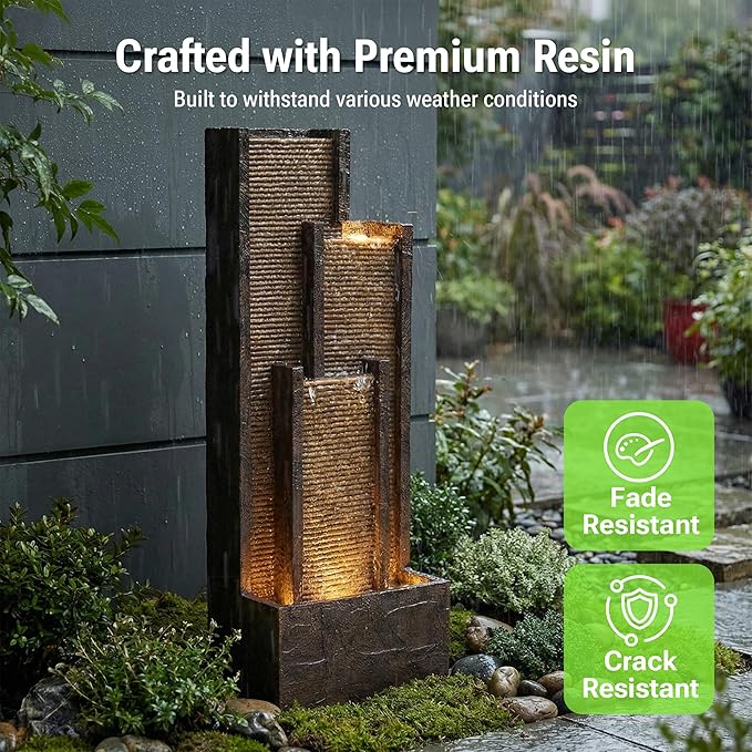 40-Inch Outdoor Water Fountain, Indoor & Outdoor Resin Waterfall Fountains with Soothing Water Sound & 4 Warm LED Lights, Home Art Decor for Garden, Patio, Yard, Porch, Deck, Balcony in Brown