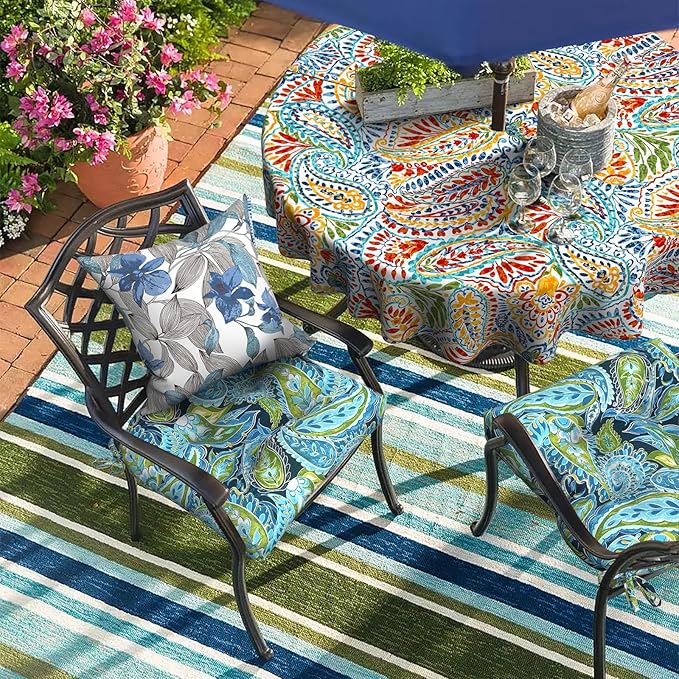 DYTXIII Set of 2 Outdoor Chair Cushions 19"x19"x4", Water Repellent Tufted Patio Seat Cushions with Ties, Thick Replacement Pads for Wicker Dining Chairs, Patio Furniture, Paisley Lapis Green