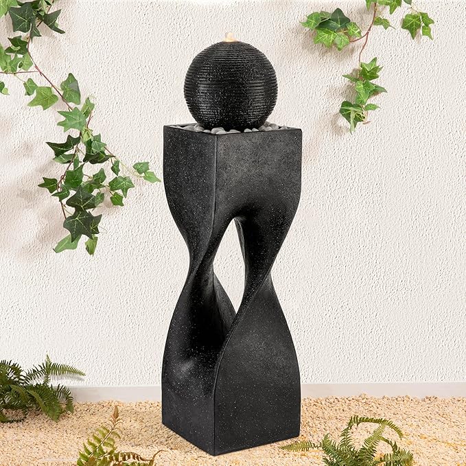 Glitzhome Outdoor Water Fountain, 40.5" H Polyresin Outdoor Fountain with Pebbles, Pump and LED Light, Modern Geometric Pedestal and Sphere Garden Fountain Waterfall for Patio, Backyard, Porch, Deck